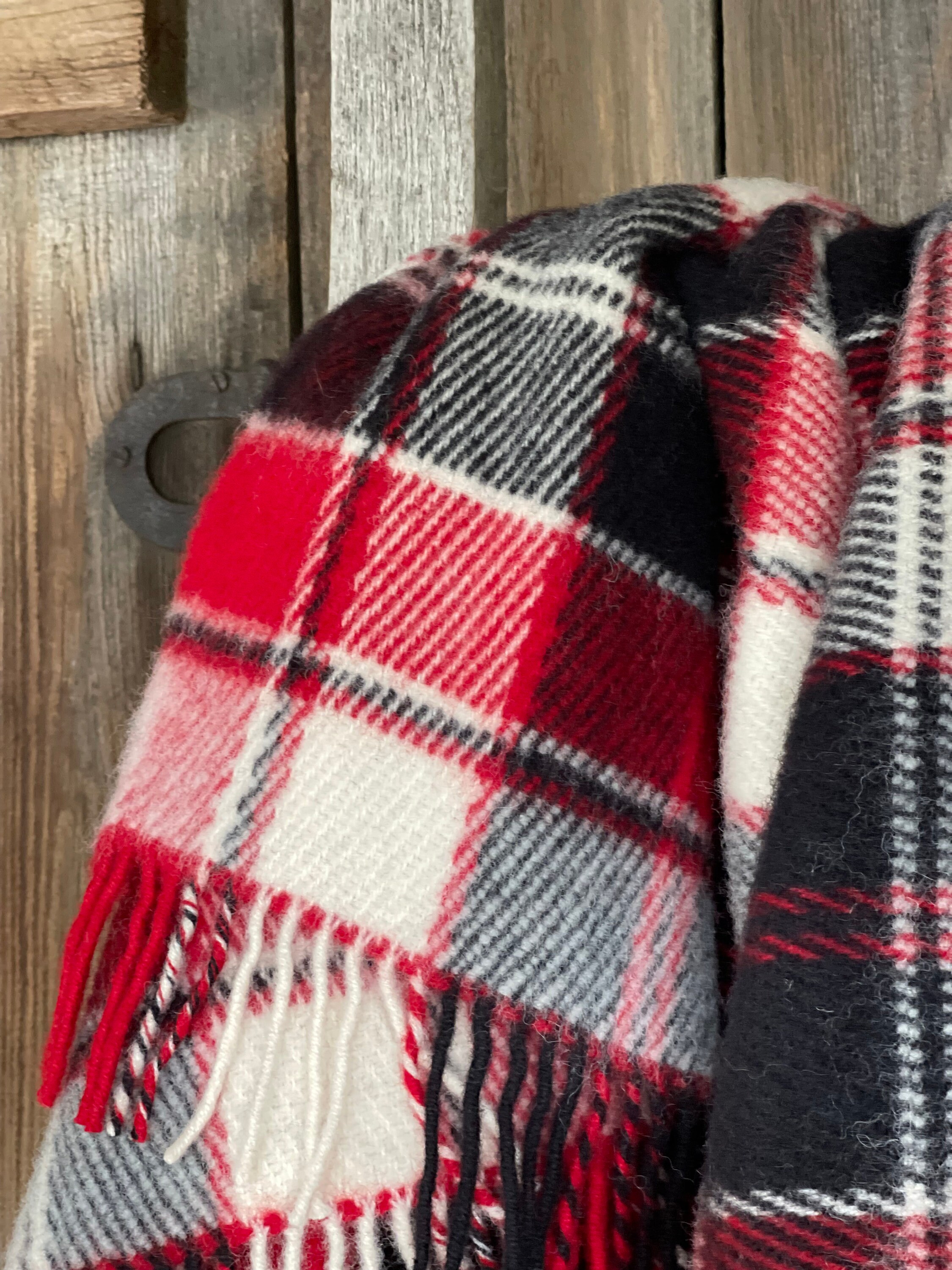 チェック柄ウール スローブランケット レッド/ブラック