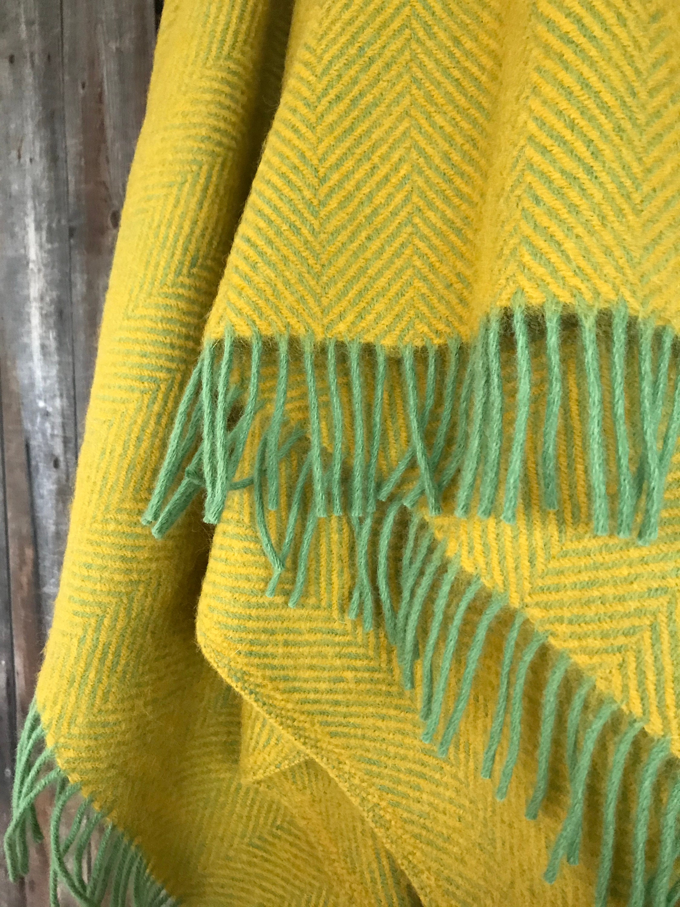 Mustard yellow wool throw blanket with green fringes | Etsy