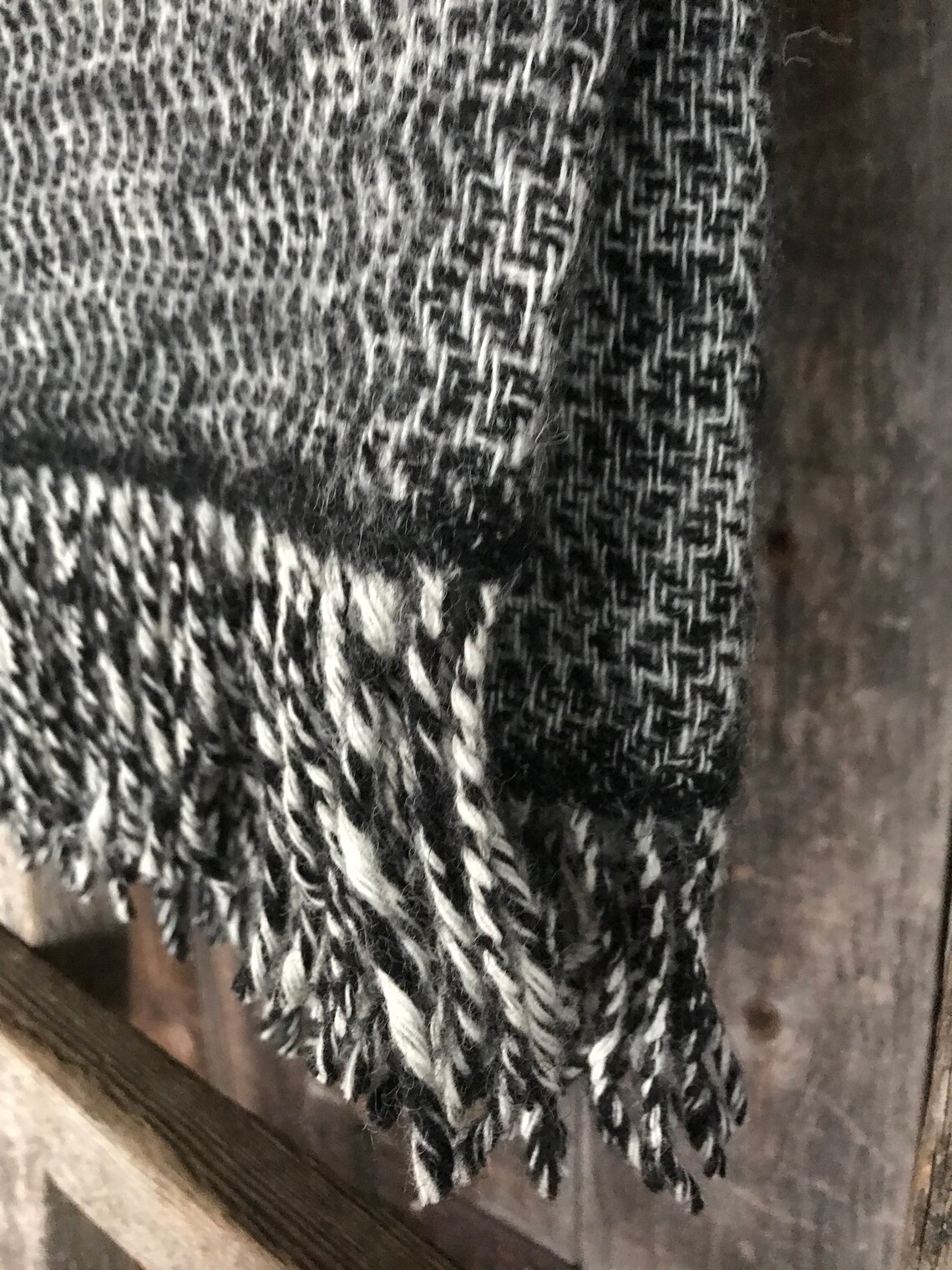 Black/white wool throw blanket with melange fringes Charcoal Etsy