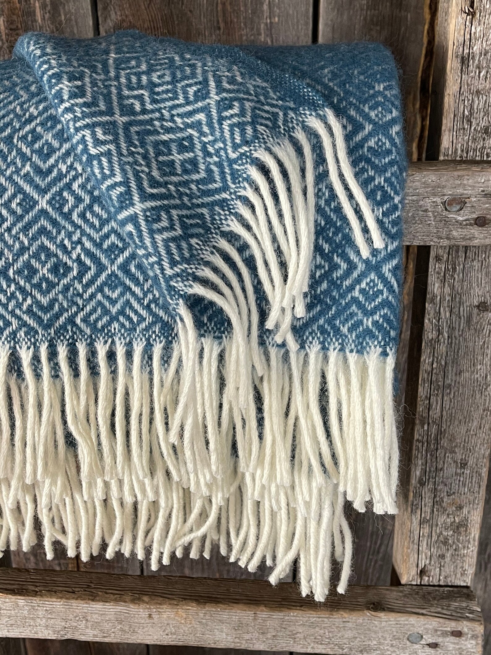 Bright blue wool throw blanket with white fringes small ethno Etsy