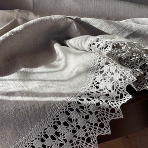 Round linen tablecloth, Natural linen tablecloth laced, Dining tablecloth, Grey linen tablecloth with linen lace, Natural grey linen colour