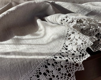 Round linen tablecloth, Natural linen tablecloth laced, Dining tablecloth, Grey linen tablecloth with linen lace, Natural grey linen colour