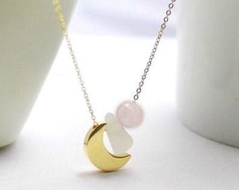 Moon necklace ,Raw Moonstone jewelry.Rose quartz Necklace, women Fertility  Jewelry,mother to be jewelry gift.pregnancy protection crystal.