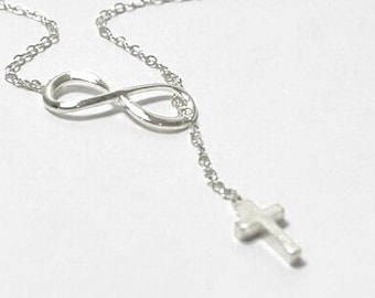Kreuz und Unendlichkeit Lariat Halskette, Unendlichkeit Halskette, religiöse Halskette, ewige Liebe Halskette, Kreuz Lariat. Unendlichkeit Symbol Halskette,