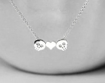 Ti amo fino alla morte, gioielli con teschio a cuore, collana con teschio minuscolo. Gioielli con teschio in miniatura in argento e oro. Collana con teschio delicato. Piccolo ciondolo con teschio