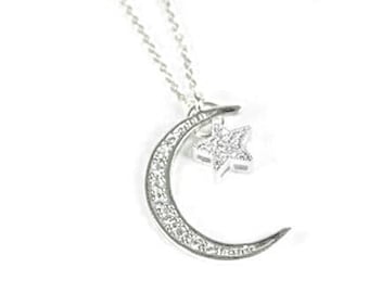 Diamond moon star necklace, Celestial Jewelry,Sparkling moon star necklace,Shimmering celestial necklace, Crescent moon star ecklace,women