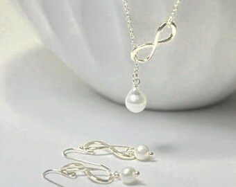 Lariat Halskette, Infinity Halskette & Ohrring Set.Pearl Lariat Stil, Infinity Symbol Schmuck, Y Halskette,, Endless Love Halskette, Hochzeit