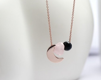 Gioielli di protezione empatica. Collana di quarzo rosa grezzo.oro rosa luna Gioielli.Tormalina nera .quarzo rosa Guarigione spirituale Pietra regalo di guarigione