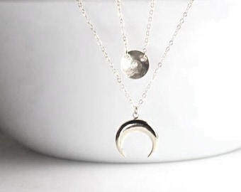 Full moon necklace,layered moon Jewelry .Layering Lunar Jewelry. Crescent moon necklace Celestial necklace, Moon phase necklace Set of Two