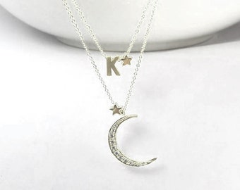 Gioielli della Galassia. Collana personalizzata con stella lunare. Gioielli celesti a 2 fili. Ciondolo luna grande con diamante. Ciondolo stella luna iniziale. Stella lunare a strati