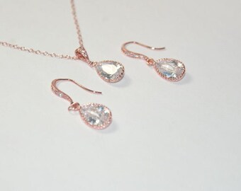 Engagement gift idea.Rose Gold Earrings + Necklace set, bride gift ,rose gold drop necklace.wedding jewelry, bridal gift set, women jewelry