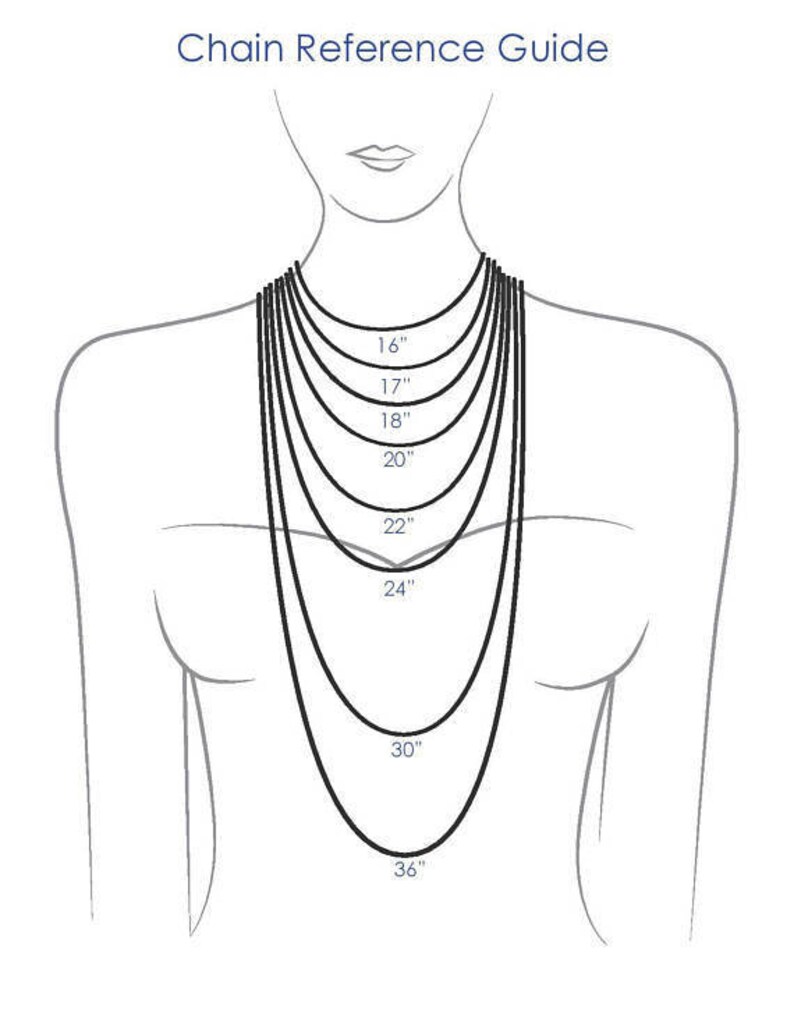 May include: A diagram showing different chain lengths for necklaces, ranging from 16 inches to 36 inches.