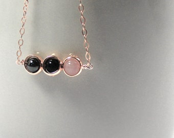 Joias para alívio de ansiedade, colar de pedra de cura, mini turmalina preta de quartzo rosa, joias de hematita Presente para irmã Presente para melhor amiga