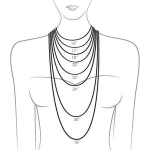 May include: A diagram showing different chain lengths for necklaces, ranging from 16 inches to 36 inches.