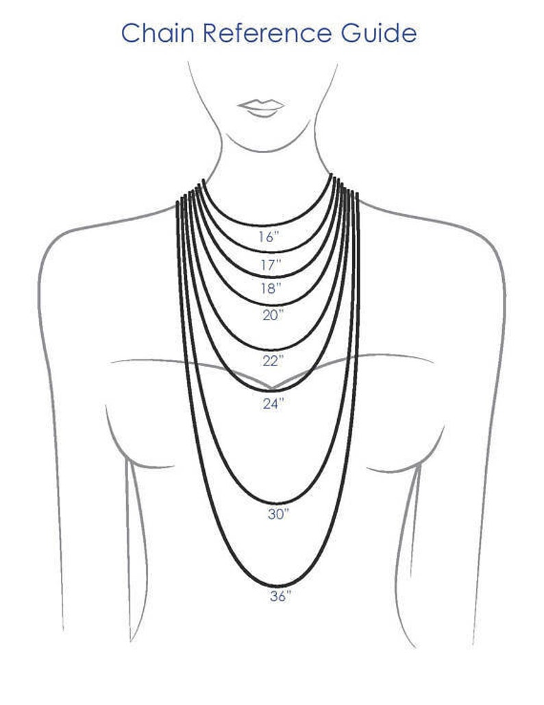 May include: A diagram showing different chain lengths for necklaces, ranging from 16 inches to 36 inches.