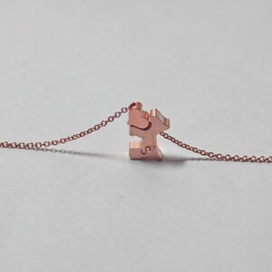 May include: A rose gold necklace with a pendant shaped like two interlocking hearts. The pendant has the letter "S" engraved on it.
