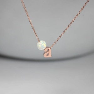 Opal Jewelry, Rose gold Initial Necklace, 6 mm Opal Necklace,Rose Gold Letter Necklace,Dainty Simple Minimal Necklace,Gift for Women.for her