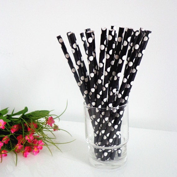Polka Dot Paper Straws,Halloween Party Straws, Set of 25 Paper Drinking Straws,Black Paper Straws,Paper Straws Bulk,Black Dots Paper Straws Il_570xn