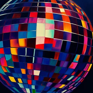 May include: A large, silver disco ball with mirrored tiles in shades of blue, red, yellow, and purple. The ball is reflecting light, creating a dazzling effect.