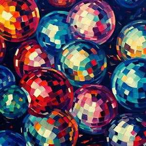 May include: A close-up of a group of colourful disco balls, each with a unique pattern of mirrored squares. The balls are arranged in a random pattern, creating a dynamic and vibrant composition.