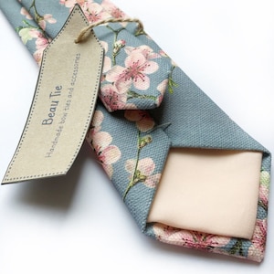 Mens floral tie, cherry blossom print tie, pink and grey tie, mens wedding tie image 2