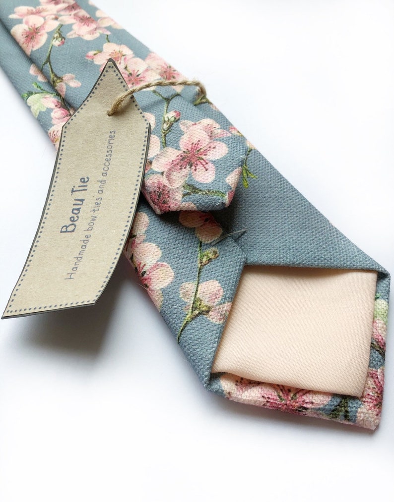 Mens floral tie, cherry blossom print tie, pink and grey tie, mens wedding tie image 2