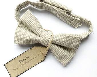 men's houndstooth bow tie, mens linen bow tie, vintage bow tie, ivory and taupe bow tie, gifts for men, gifts for him