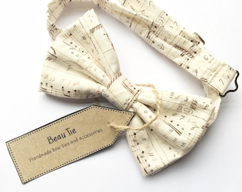 Mens bow tie music note, ivory bow tie, print bow tie, cotton bow tie