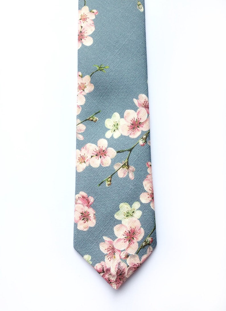 Mens floral tie, cherry blossom print tie, pink and grey tie, mens wedding tie image 3
