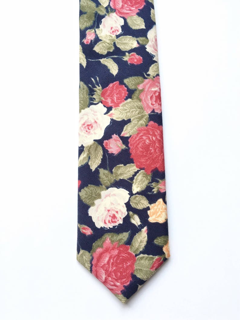 Mens floral tie navy blue skinny tie men's skinny tie Etsy