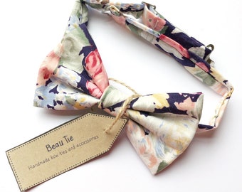 Mens vintage floral bow tie, handmade using dark blue/indigo vintage cotton with a large rose print.