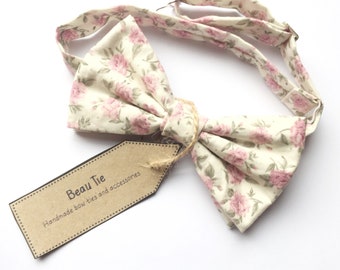 mens bow tie pink floral, floral bow tie, green bow tie, pink bow tie, cotton bow tie