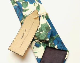 Mens floral tie, Mens ties, mens skinny tie, floral skinny tie, Liberty skinny tie, blue skinny tie, blue rose print tie