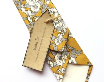 Mens mustard floral tie, wedding tie, mens yellow tie