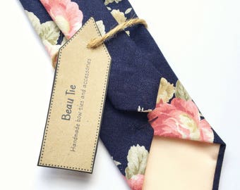 Floral tie, navy blue skinny tie, pink floral tie, mens skinny tie, wedding tie, men's floral tie, rose print tie