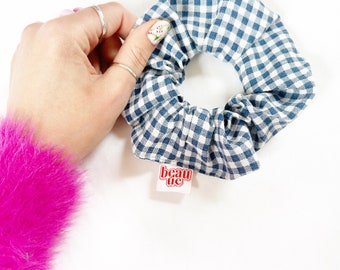 Navy and white gingham scrunchie