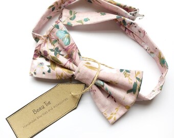 mens pink floral bow tie, mens cotton bow tie, mens pink bow tie, gifts for men, gifts for him