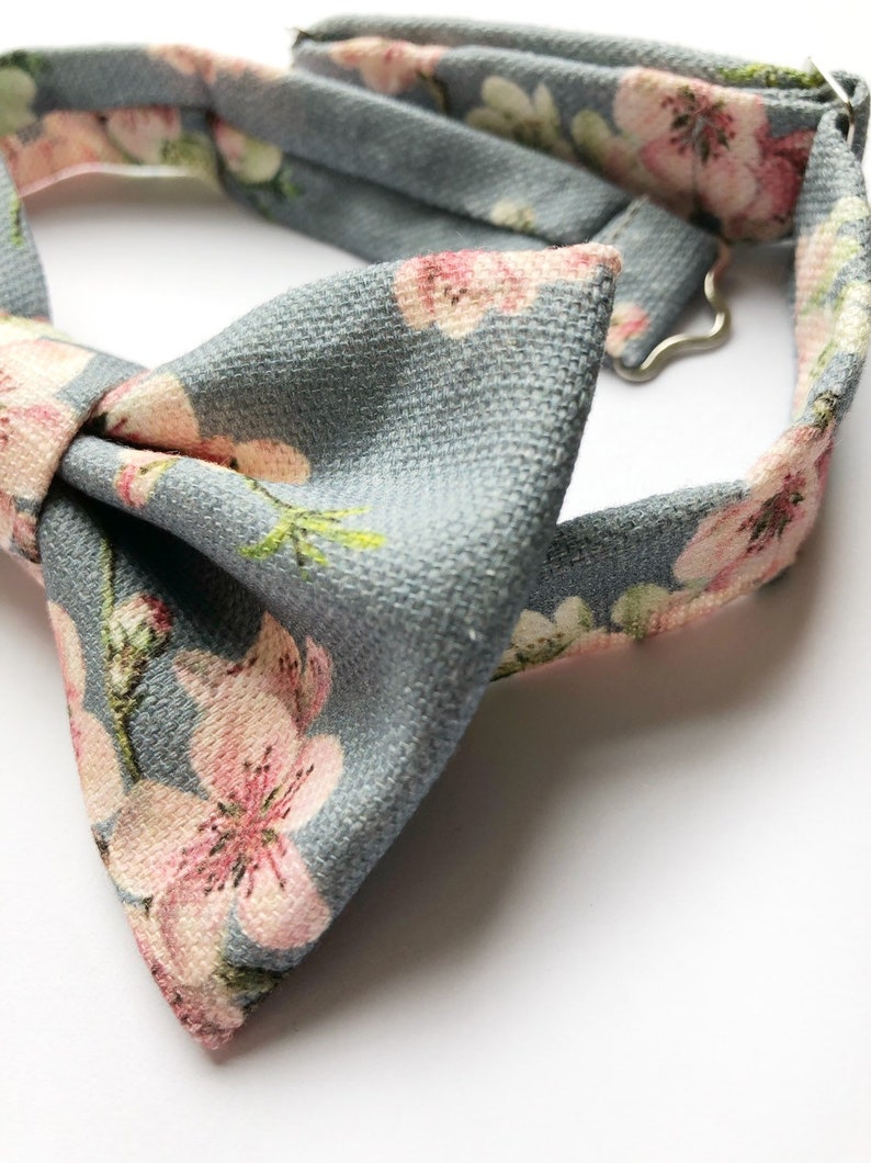 Mens cherry blosom bow tie, in bluey grey linen with a pink floral print. image 3