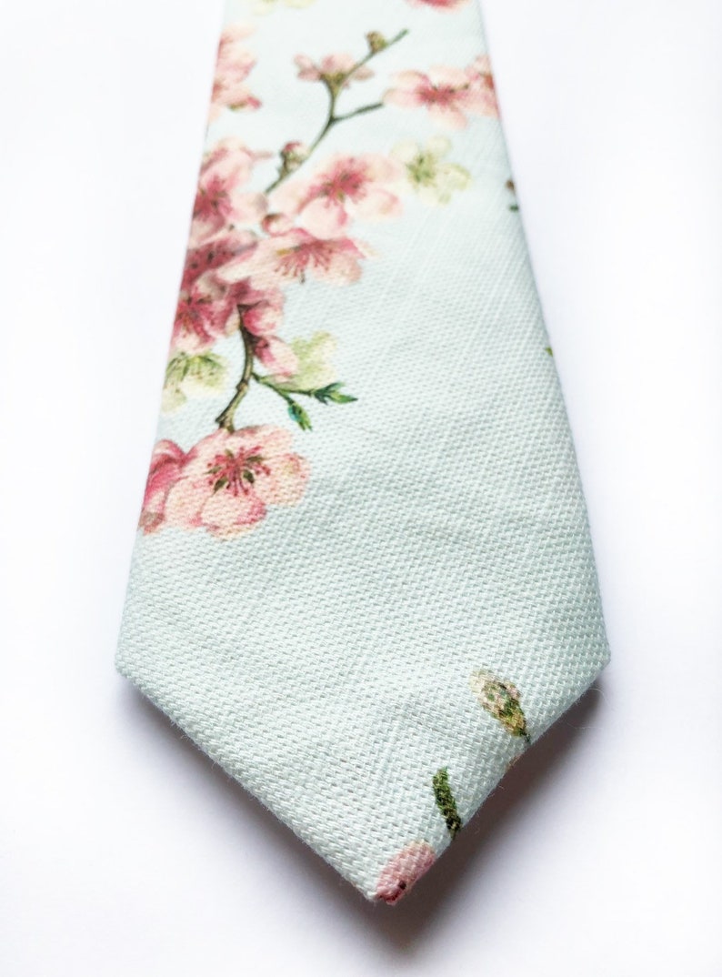 Mens Floral Tie Handmade Using Duck Egg Blue Linen With Pink Etsy