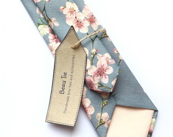 Mens floral tie, cherry blossom print tie, pink and grey tie, mens wedding tie
