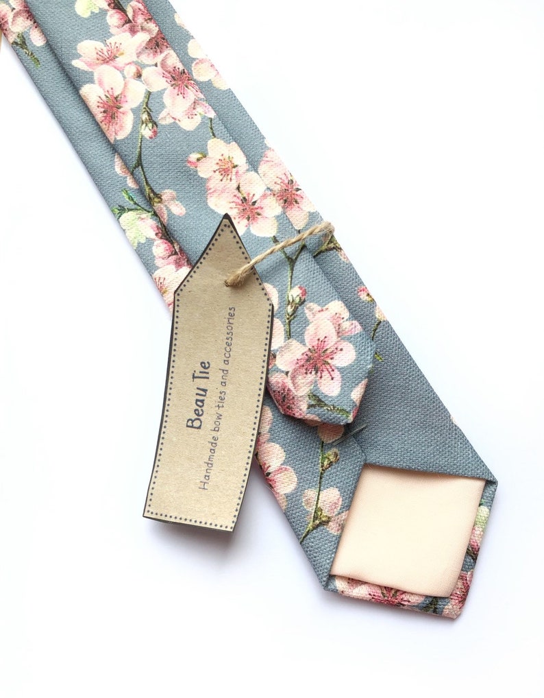 Mens floral tie, cherry blossom print tie, pink and grey tie, mens wedding tie image 1