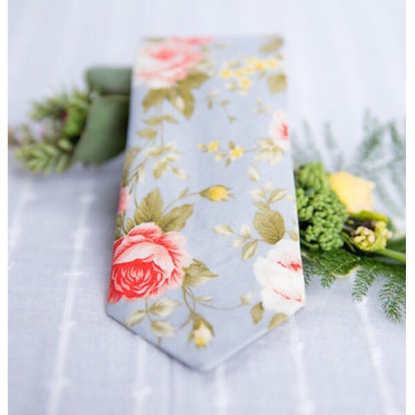 Floral tie, grey skinny tie, coral pink floral tie, mens skinny tie, wedding tie, men's floral tie