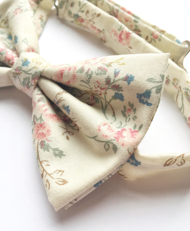 mens floral bow tie, vintage bow tie, ivory bow tie, pink floral bow tie, wedding bow tie, pink and blue bow tie image 3