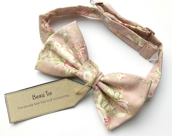 pink bow tie, mens bow tie floral, floral bow tie, light mauve bow tie