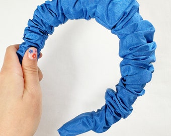 Ruffled headband in cobalt blue silk