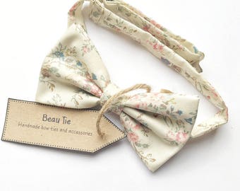 mens floral bow tie, vintage bow tie, ivory bow tie, pink floral bow tie, wedding bow tie, pink and blue bow tie