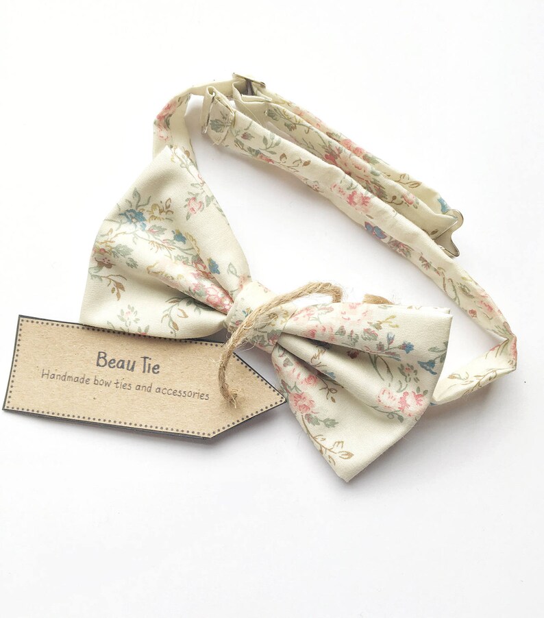 mens floral bow tie, vintage bow tie, ivory bow tie, pink floral bow tie, wedding bow tie, pink and blue bow tie image 1