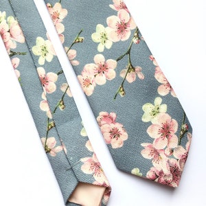 Mens floral tie, cherry blossom print tie, pink and grey tie, mens wedding tie image 5