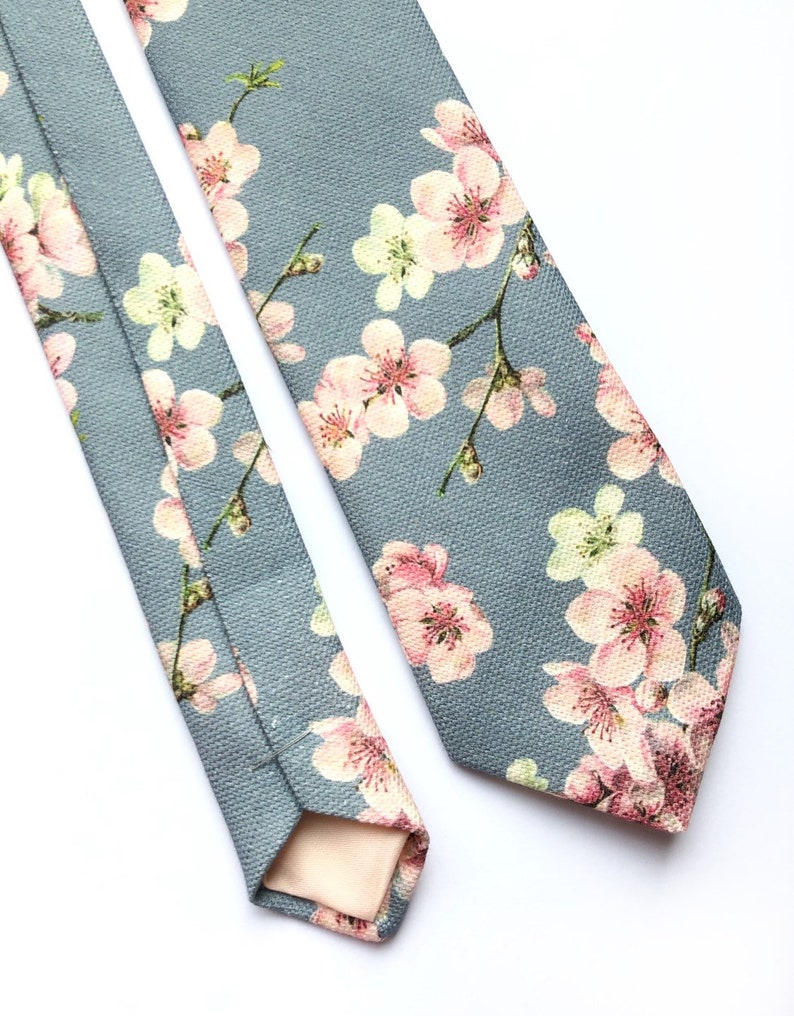 Mens floral tie, cherry blossom print tie, pink and grey tie, mens wedding tie image 5