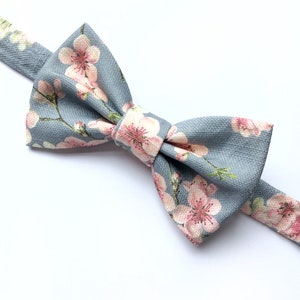 Mens cherry blosom bow tie, in bluey grey linen with a pink floral print. image 5